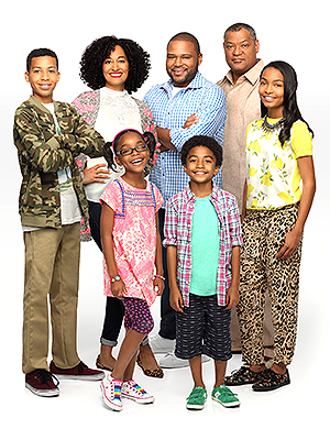 BLACK-ISH (aka BLACK'ISH),  l-r: Marcus Scribner, Tracee Ellis Ross, Marsai Martin, Anthony Anderson, Miles Brown, Laurence Fishburne, Yara Shahidi,  (Season 1, 2014). ph: Craig Sjodin/©ABC/courtesy Everett Collection