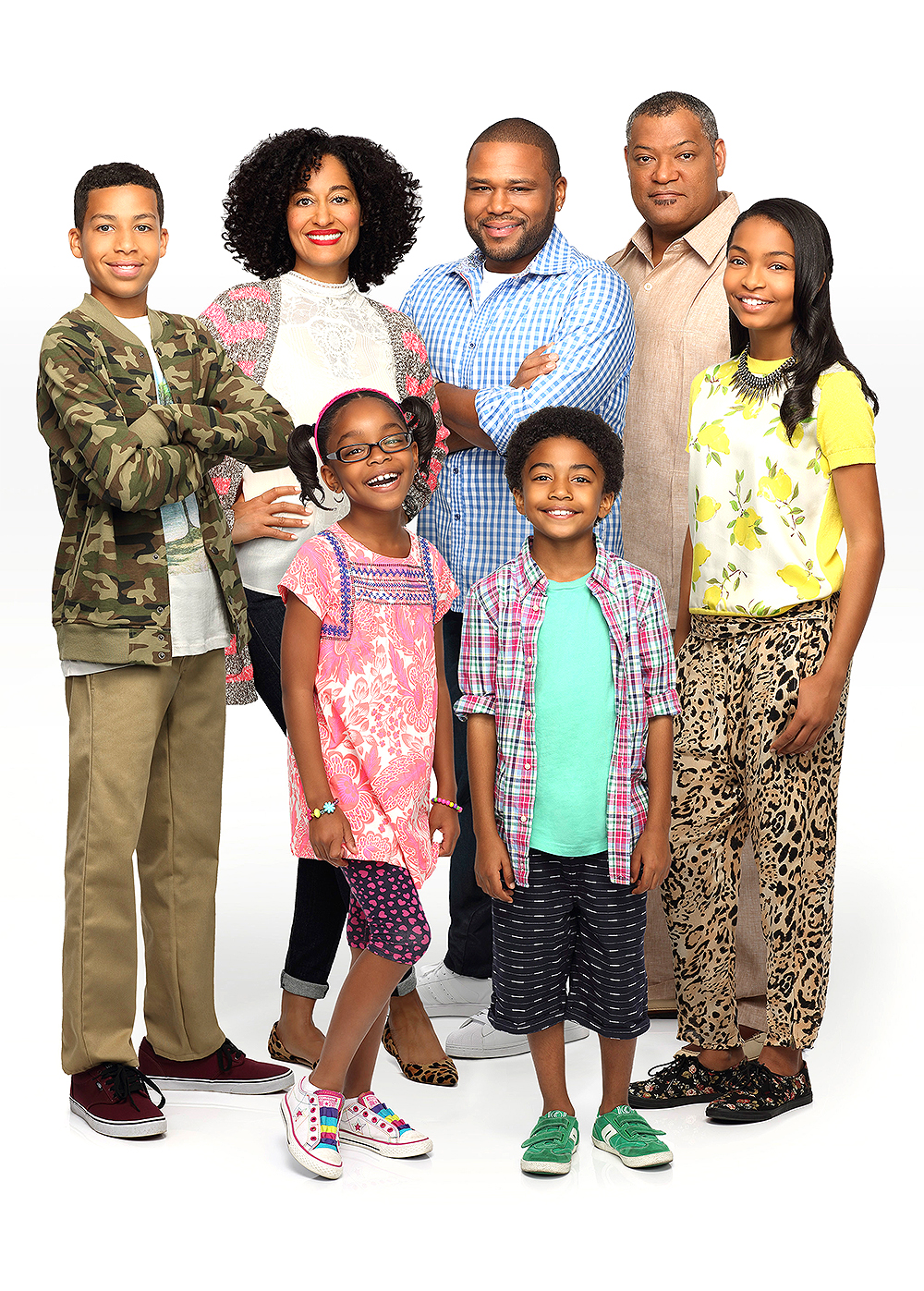 BLACK-ISH (aka BLACK'ISH),  l-r: Marcus Scribner, Tracee Ellis Ross, Marsai Martin, Anthony Anderson, Miles Brown, Laurence Fishburne, Yara Shahidi,  (Season 1, 2014). ph: Craig Sjodin/©ABC/courtesy Everett Collection