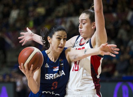 Editorial Use Only
Mandatory Credit: Photo by Nikola Krstic/Shutterstock (10548684n)
Jelena Brooks of Serbia competes against Breanna Stewart of USA
USA v Serbia, FIBA Women's Olympic Qualifying Tournament, Basketball, Stark Arena, Belgrade - 06 Feb 2020