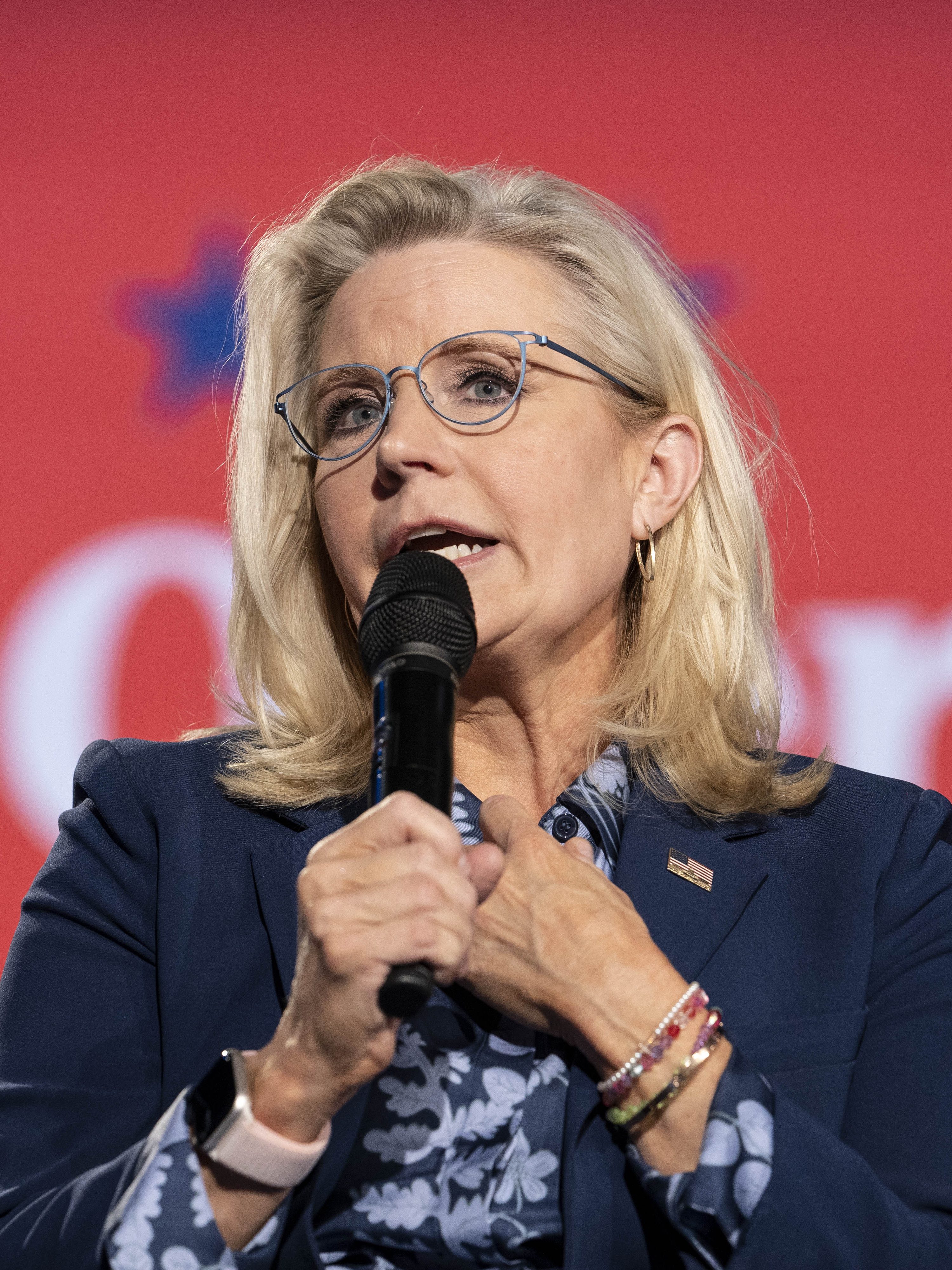 ROYAL OAK, MICHIGAN - OCTOBER 21: Former U.S. Rep. Liz Cheney (R-WY) speaks at a town hall with Democratic presidential nominee, Vice President Kamala Harris, at the Royal Oak Music Theatre on October 21, 2024 in Royal Oak, Michigan. Cheney joined Vice President Harris for stops Monday in Pennsylvania, Michigan and Wisconsin. (Photo by Sarah Rice/Getty Images)