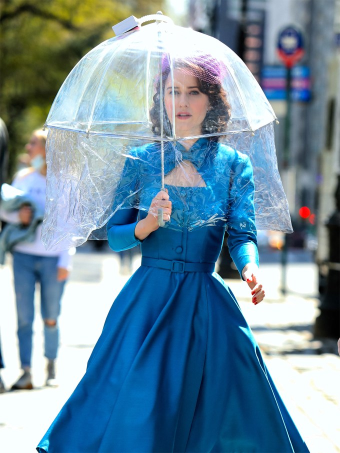 Rachel Brosnahan Keeping Dry On The Season 4 Set