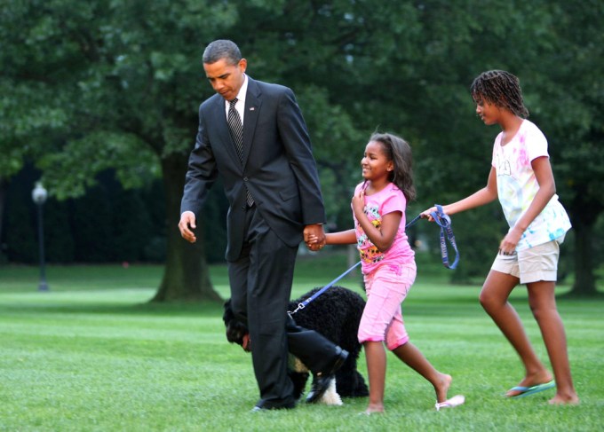 Bo greets Barack Obama as he returns to the White House