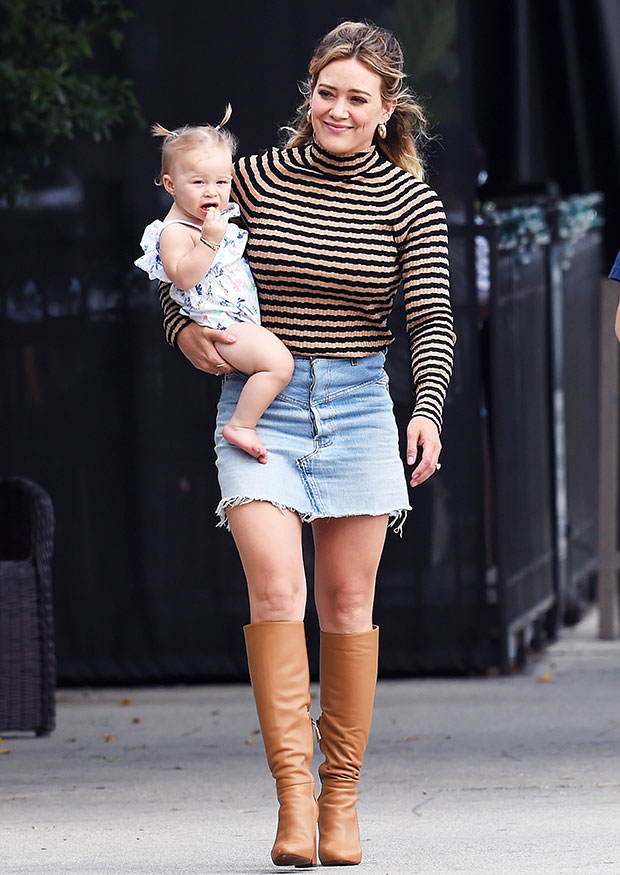 Hilary Duff wearing a denim skirt