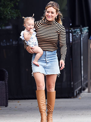 Hilary Duff wearing a denim skirt