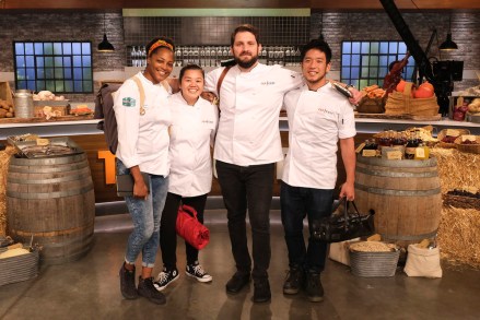 TOP CHEF -- "The Cheesier The Better" Episode 1812 -- Pictured: (l-r) Dawn Burrell, Jamie Tran, Gabe Erales, Shota Nakajima -- (Photo by: David Moir/Bravo)