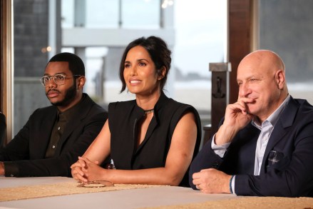 TOP CHEF -- "Shellfishly Delicious" Episode 1813 -- Pictured: (l-r) Kwame Onwuachi, Padma Lakshmi, Tom Colicchio -- (Photo by: David Moir/Bravo)