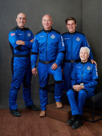 Blue Origin's New Shepard suborbital rocket remains on schedule to launch on its 16th flight to space and its first with astronauts on board on Tuesday, July 20, 2021, from Launch Site One, 160 miles east of El Paso, Texas. Founder Jeff Bezos, second from left, will be accompanied aboard the flight by his brother Mark Bezos, left, 82-year-old aviator Wally Funk, seated, and 18-year-old Oliver Daemen, right, of the Netherlands. Funk and Daemen will become the oldest and youngest people to fly in space, respectively. Daemen will also become the first paying customer Blue Origin will send into space.Blue Origin's New Shepard Rocket Prepares for First Crewed Launch, Washington, District of Columbia, United States - 20 Jul 2021