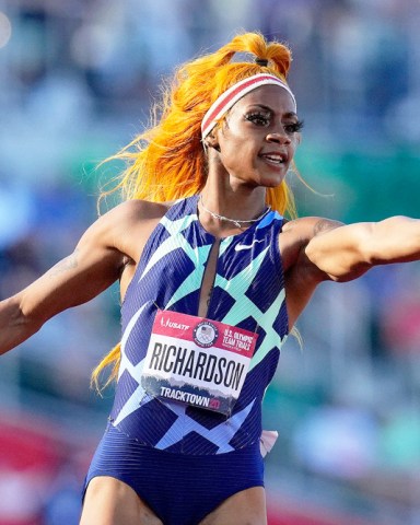 Sha'Carri Richardson celebrates after winning the first heat of the semis finals in women's 100-meter runat the U.S. Olympic Track and Field Trials, in Eugene, Ore
US Track Trials Athletics, Eugene, United States - 19 Jun 2021