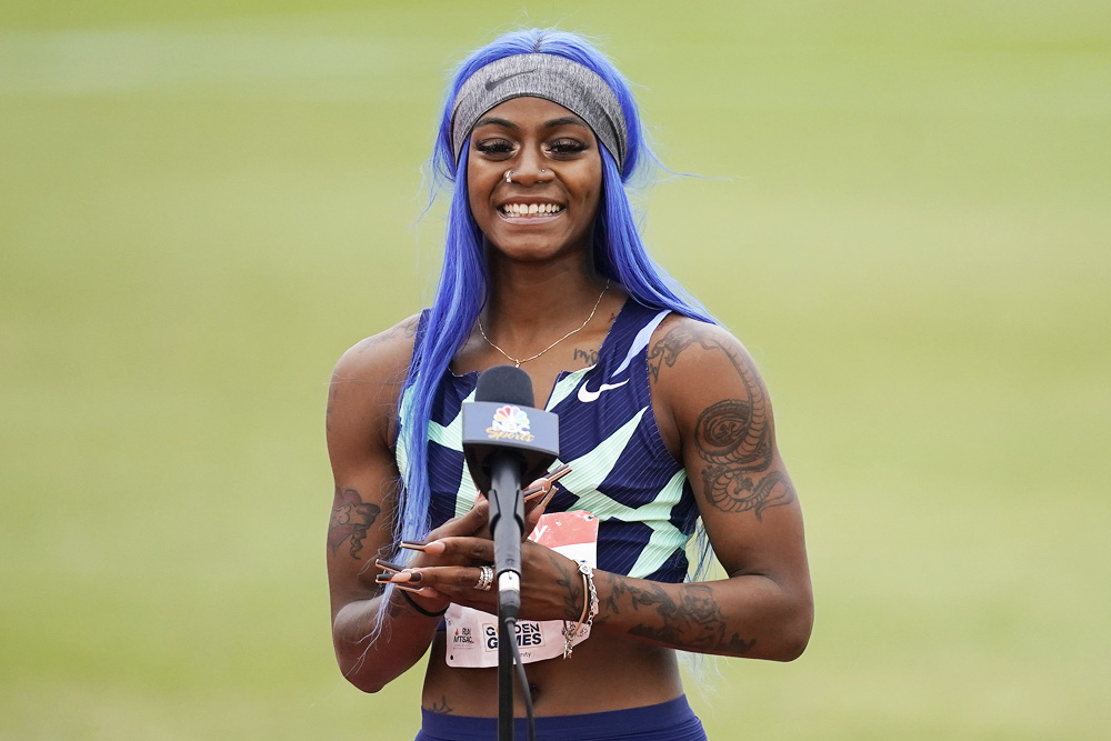 Sha'Carri Richardson is interviewed after winning her heat of the the women's 100-meter dash prelim during the USATF Golden Games at Mt. San Antonio College, in Walnut, Calif
USATF Golden Games, Walnut, United States - 09 May 2021