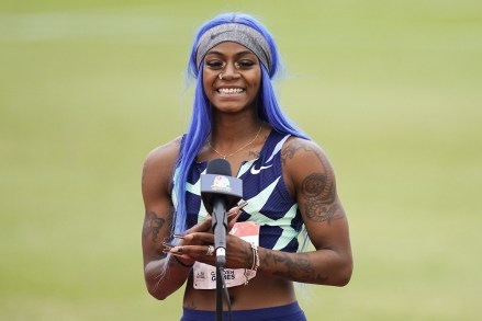 Sha'Carri Richardson is interviewed after winning her heat of the the women's 100-meter dash prelim during the USATF Golden Games at Mt. San Antonio College, in Walnut, Calif
USATF Golden Games, Walnut, United States - 09 May 2021