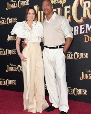 World Premiere of Disney's "Jungle Cruise". Disneyland, Anaheim, CA. EVENT July 24, 2021. 24 Jul 2021 Pictured: Emily Blunt,Dwayne Johnson. Photo credit: AXELLE/BAUER-GRIFFIN / MEGA TheMegaAgency.com +1 888 505 6342 (Mega Agency TagID: MEGA773906_015.jpg) [Photo via Mega Agency]