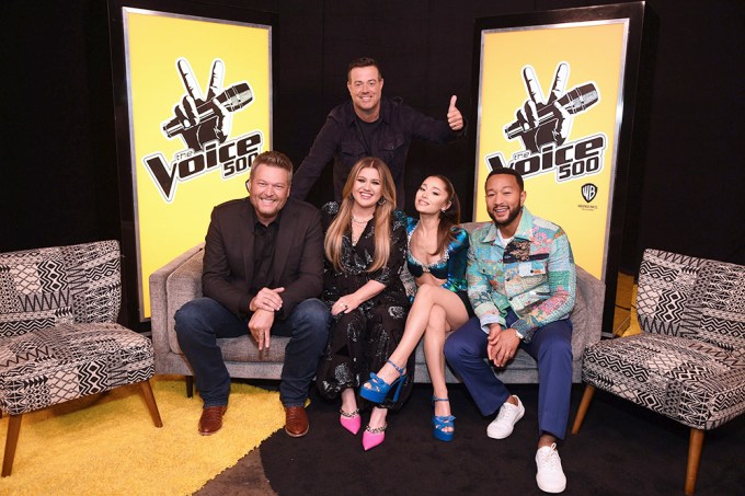 Blake Shelton, Kelly Clarkson, Carson Daly, Ariana Grande and John Legend