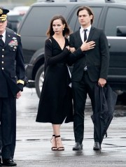 Former President George W. Bush and Laura Bush watch as the flag-draped casket of former US President George H.W. Bush is carried by a joint services military honor guard  to a Union Pacific train in Spring, Texas, USA, 06 December 2018. At left is Columba Bush and her husband Jeb Bush and at far right is Barbara Bush and her husband Craig Coyne. Army Maj. Gen. Michael L. Howard, commanding general, Joint Task Force-National Capital Region salutes. Bush died at the age of 94 on 30 November 2018 at his home in Texas. George H.W. Bush was the 41st President of the United States (1989-1993).
George H.W. Bush dies at age 94, Houston, Usa - 06 Dec 2018