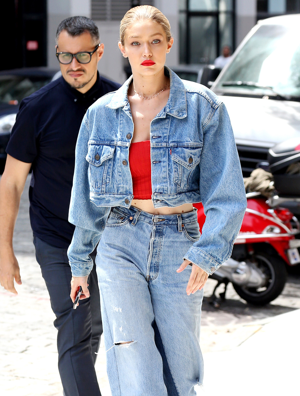 Gigi Hadid stepped out in New York City in an oversize denim jacket and baggy ripped jeans for her daily strut. 29 Jun 2017 Pictured: Gigi Hadid. Photo credit: MEGA TheMegaAgency.com +1 888 505 6342 (Mega Agency TagID: MEGA47646_016.jpg) [Photo via Mega Agency]