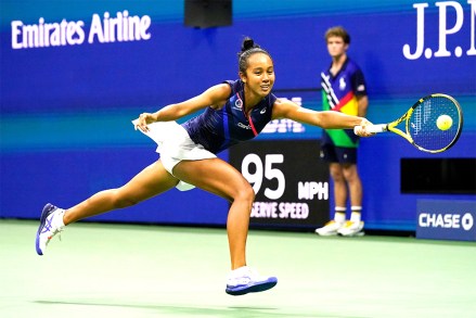 Leylah Fernandez, of Canada, returns a shot to Aryna Sabalenka,of Belarus, during the semifinals of the US Open tennis championships, in New YorkUS Open Tennis, New York, United States - 09 Sep 2021