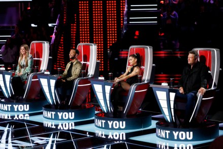 THE VOICE -- "Blind Auditions" -- Pictured: (l-r) Kelly Clarkson, John Legend, Ariana Grande, Blake Shelton -- (Photo by: Trae Patton/NBC)