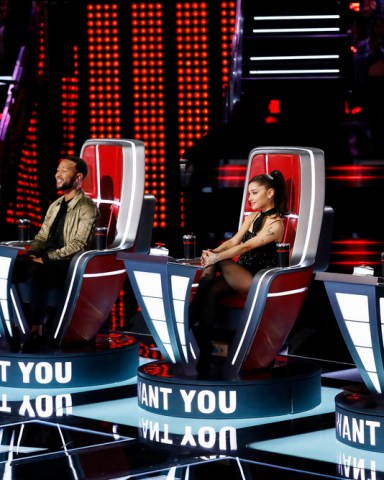 THE VOICE -- "Blind Auditions" -- Pictured: (l-r) Kelly Clarkson, John Legend, Ariana Grande, Blake Shelton -- (Photo by: Trae Patton/NBC)