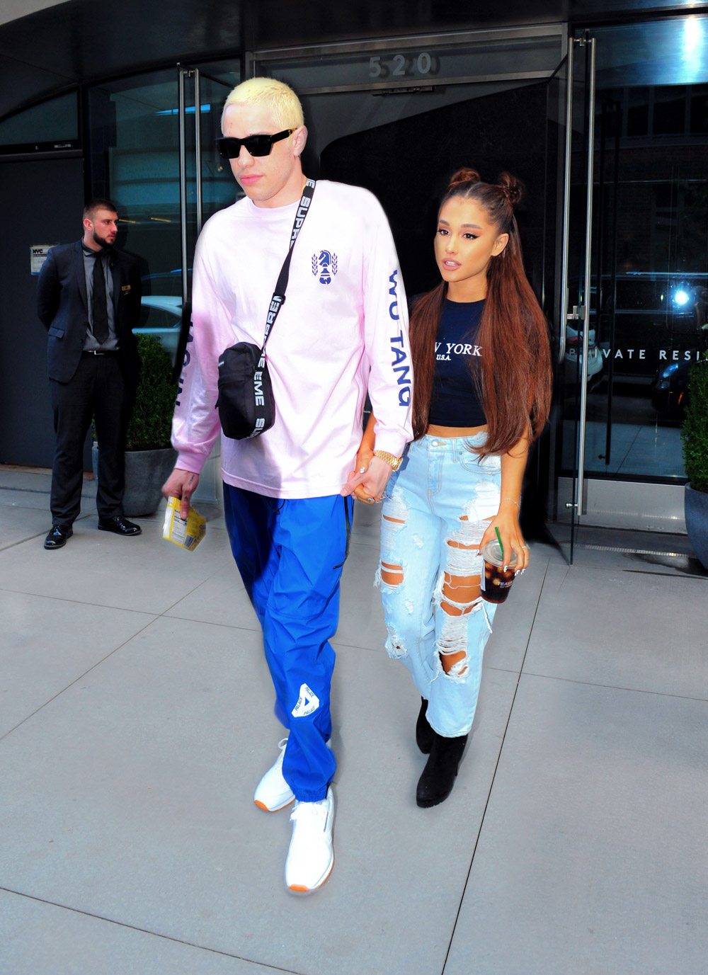 Ariana Grande and Pete Davidson look striking as they step out for concert in Brooklyn. 12 Jul 2018 Pictured: Ariana Grande and Pete Davidson. Photo credit: PC / MEGA TheMegaAgency.com +1 888 505 6342 (Mega Agency TagID: MEGA251293_001.jpg) [Photo via Mega Agency]