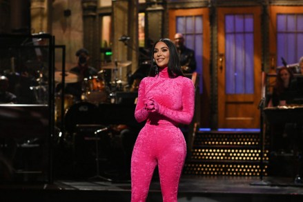 SATURDAY NIGHT LIVE -- "Kim Kardashian West" Episode 1807 -- Pictured: Host Kim Kardashian West during the monologue on Saturday, October 9, 2021 -- (Photo by: Rosalind O'Connor/NBC)