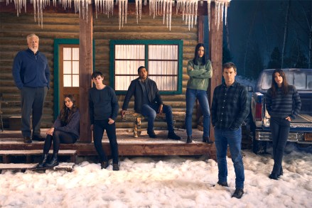 (L-R): Clancy Brown as Kurt Caldwell, Johnny Sequoyah as Audrey Bishop, Jack Alcott as Harrison Morgan, Alano Miller as Logan, Julia Jones as Angela Bishop, Michael C. Hall as Dexter Morgan and Jennifer Carpenter as Debra Morgan in DEXTER: NEW BLOOD. Photo credit: Kurt Iswarienko/SHOWTIME.