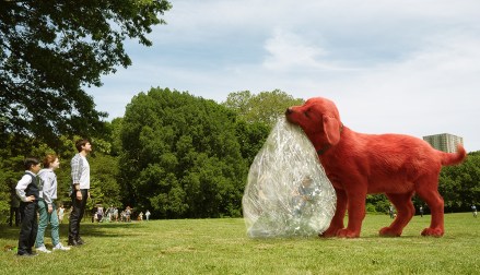 Izaac Wang, Darby Camp and Jack Whitehall in CLIFFORD THE BIG RED DOG from Paramount Pictures. Photo Credit: Paramount Pictures