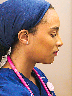 Chantel getting ready for her nursing job.
