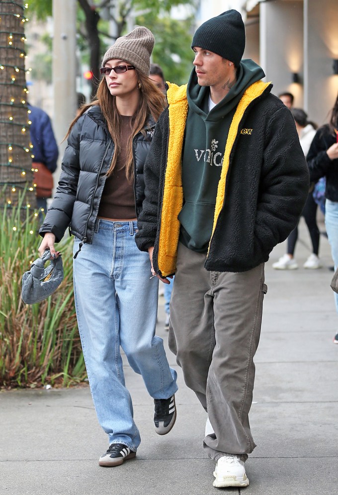 Justin & Hailey Bieber Brave the Rain