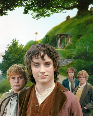 THE LORD OF THE RINGS: THE FELLOWSHIP OF THE RING, from left: Sean Astin, Elijah Wood, Billy Boyd, Dominic Monaghan, TV GUIDE cover, December 15-21, 2001. Illustration: John Howe / ph: Pierre Vinet / TV Guide / ©Warner Bros. / Courtesy Everett Collection