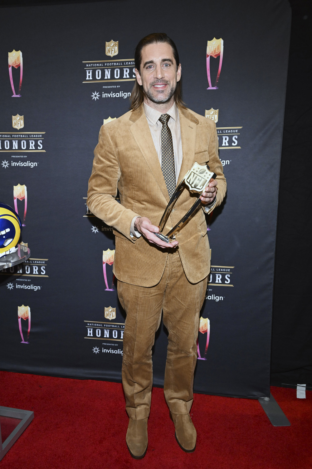 Green Bay Packers Aaron Rodgers poses with the AP Most Valuable Player trophy during the NFL Honors, in Los Angeles
NFL Honors, Los Angeles, United States - 10 Feb 2022