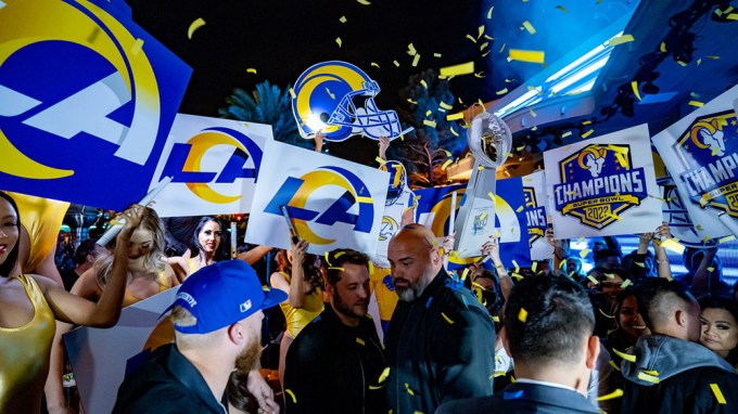 World Champion Los Angeles Rams players Andrew Whitworth, Matthew Stafford, and Cooper Kupp