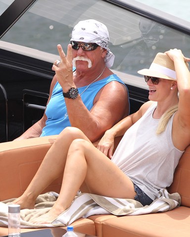 Hulk Hogan with wife Jennifer McDaniel and David Grutman take a ride in his yacht around Miami.Pictured: Hulk Hogan,Jennifer McDaniel,Hulk HoganJennifer McDanielRef: SPL1269165 220416 NON-EXCLUSIVEPicture by: SplashNews.comSplash News and PicturesUSA: +1 310-525-5808London: +44 (0)20 8126 1009Berlin: +49 175 3764 166photodesk@splashnews.comWorld Rights