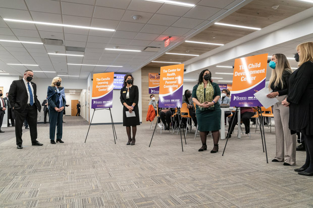 Student Kezia Bomtempo-Rodriguez (green facial mask) speaks during visit to Bergen Community College by First Lady Dr. Jill Biden and Secretary of Education Miguel Cardona. Dr. Biden was accompanied by Governor of New Jersey Phil Murphy and his wife Tammy Murphy. Both Dr. Biden and Secretary Cardona highligthed in their remarks of new actions to use federal pandemic relief funds available via American Rescue Plan to support colleges and universities students basic needs.First Lady Dr. Jill Biden visit Bergen Community College, Paramus, New Jersey, United States - 20 Jan 2022