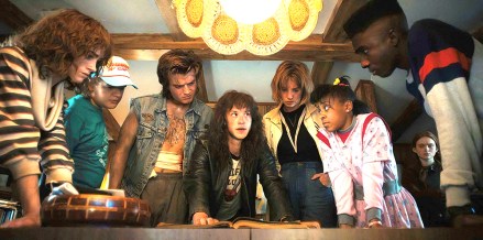 STRANGER THINGS. (L to R) Natalia Dyer as Nancy Wheeler, Gaten Matarazzo as Dustin Henderson, Joe Keery as Steve Harrington, Joseph Quinn as Eddie Munson, Maya Hawke as Robin Buckley, Priah Ferguson as Erica Sinclair, Sadie Sink as Max Mayfield, and Caleb McLaughlin as Lucas Sinclair in STRANGER THINGS. Cr. Courtesy of Netflix © 2022