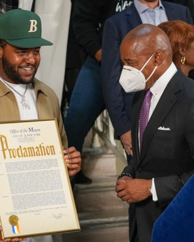 NYC mayor Eric Adams honors the Christopher "Notorious B.I.G." Wallace for his 50th birthday on May 19, 2022 at NY City Hall Rotunda in New York City, USA. 

"Christopher George Latore Wallace (May 21, 1972 - March 9, 1997), better known by his stage names the Notorious B.I.G., Biggie Smalls, or simply Biggie,[3] was an American rapper and songwriter. Rooted in the New York rap scene and gangsta rap traditions, he is widely considered one of the greatest rappers of all time. Wallace became known for his distinctive laid-back lyrical delivery, offsetting the lyrics' often grim content. His music was often semi-autobiographical, telling of hardship and criminality, but also of debauchery and celebration" -Wikipedia
NYC Mayor Eric Adams Honors Christopher "Notorious B.I.G." Wallace, New York, United States - 19 May 2022