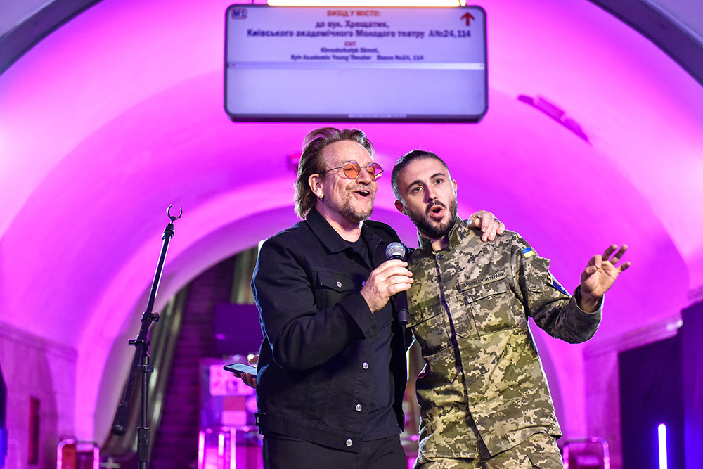 Irish musician Bono of U2 performs in metro station in Kyiv, Ukraine - 08 May 2022