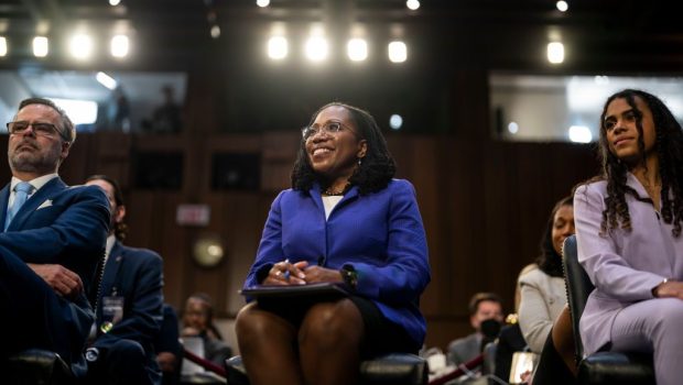 WASHINGTON, CA - MARCH 21: Supreme Court nominee Judge Ketanji Brown Jackson sits in the audience area with her family during her Senate Judiciary Committee confirmation hearing on Capitol Hill on March 21, 2022 in Washington, DC. Judge Jackson was picked by President Biden to be the first Black woman in United States history to serve on the nation's highest court to succeed Supreme Court Associate Justice Stephen Breyer who is retiring. (Kent Nishimura / Los Angeles Times via Getty Images)