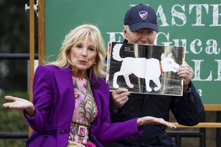 First Lady Jill Biden, with President Joe Biden, reads a book during the annual Easter Egg Roll on the South Lawn of the White House in Washington, DC on Monday, April 18, 2022.
Annual Easter Egg Roll at the White House in Washington, District of Columbia, United States - 18 Apr 2022