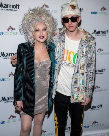 Cyndi Lauper, Declyn Lauper, Dex. Cyndi Lauper and her son Declyn Lauper pose backstage at the 8th Annual "Home for the Holidays" benefit concert at the Beacon Theatre, in New York
Cyndi Lauper's 8th Annual Home for the Holidays Benefit Concert - Press Room, New York, USA - 08 Dec 2018