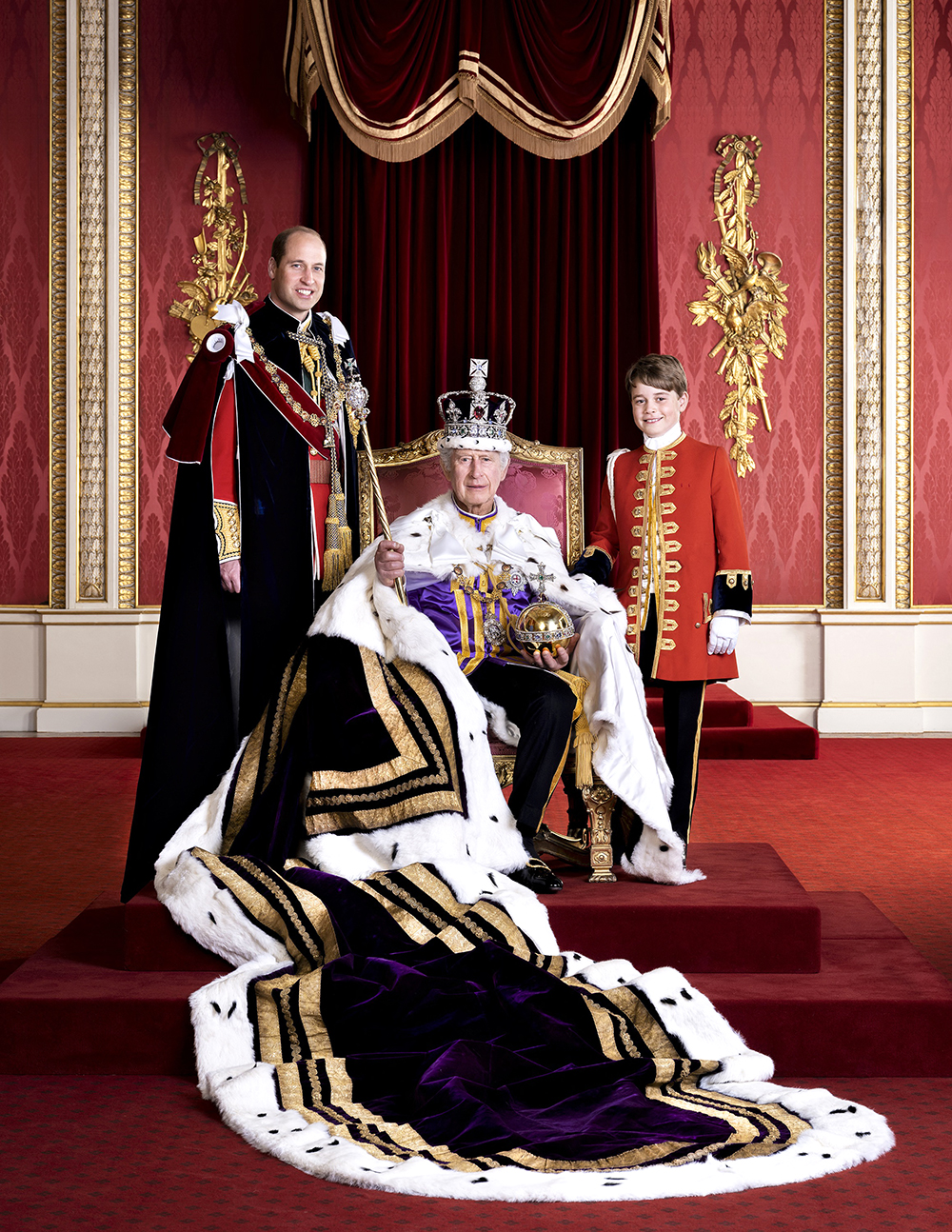 Official Portrait of King Charles III, The Prince of Wales and Prince George on the day of the coronation in the Throne Room at Buckingham Palace, London, UK, issues on the 12th May 2023., , Picture by Hugo Burnand/Royal Household 2023/WPA-Pool , , MANDATORY CREDIT: Hugo Burnand/Royal Household 2023, , EDITORIAL USE ONLY. This photograph shall not be used after 2259hrs GMT on December 31, 2023, without prior, written permission from Royal Communications. After that date further licensing terms will be available. , , The new photographs are made available for editorial purposes, charities and not-for-profit organisations. The copyright of the photographs is vested in Buckingham Palace and Hugo Burnand. Publications are asked to credit the photograph to Hugo Burnand. , , Terms of use must be strictly adhered to. The photographs will be free for press usage until 2259hrs GMT, Sunday December 31, 2023, , The photographs are being made available by way of licence on condition that: The photographs shall be solely for news editorial use only. The photographs should be used only in the context of Their Majesties' Coronation. The photograph is provided to you strictly on condition that you will make no charge for the supply, release or publication of it and that these conditions and restrictions will apply (and that you will pass these on) to any organisation to whom you supply it. There shall be no commercial use whatsoever of the photograph (including by way of example only) any use in merchandising, advertising or any other non-news editorial use. The photograph must not be digitally enhanced, manipulated or modified in any manner or form. 12 May 2023 Pictured: King Charles III, Prince William, Prince of Wales, Prince George. Photo credit: MEGA TheMegaAgency.com +1 888 505 6342 (Mega Agency TagID: MEGA980918_001.jpg) [Photo via Mega Agency]