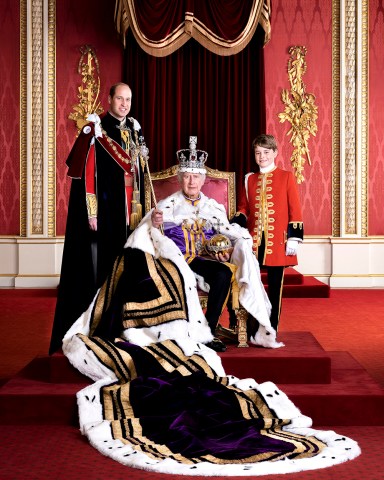 Official Portrait of King Charles III, The Prince of Wales and Prince George on the day of the coronation in the Throne Room at Buckingham Palace, London, UK, issues on the 12th May 2023., , Picture by Hugo Burnand/Royal Household 2023/WPA-Pool , , MANDATORY CREDIT: Hugo Burnand/Royal Household 2023, , EDITORIAL USE ONLY. This photograph shall not be used after 2259hrs GMT on December 31, 2023, without prior, written permission from Royal Communications. After that date further licensing terms will be available. , , The new photographs are made available for editorial purposes, charities and not-for-profit organisations. The copyright of the photographs is vested in Buckingham Palace and Hugo Burnand. Publications are asked to credit the photograph to Hugo Burnand. , , Terms of use must be strictly adhered to. The photographs will be free for press usage until 2259hrs GMT, Sunday December 31, 2023, , The photographs are being made available by way of licence on condition that: The photographs shall be solely for news editorial use only. The photographs should be used only in the context of Their Majesties' Coronation. The photograph is provided to you strictly on condition that you will make no charge for the supply, release or publication of it and that these conditions and restrictions will apply (and that you will pass these on) to any organisation to whom you supply it. There shall be no commercial use whatsoever of the photograph (including by way of example only) any use in merchandising, advertising or any other non-news editorial use. The photograph must not be digitally enhanced, manipulated or modified in any manner or form. 12 May 2023 Pictured: King Charles III, Prince William, Prince of Wales, Prince George. Photo credit: MEGA TheMegaAgency.com +1 888 505 6342 (Mega Agency TagID: MEGA980918_001.jpg) [Photo via Mega Agency]