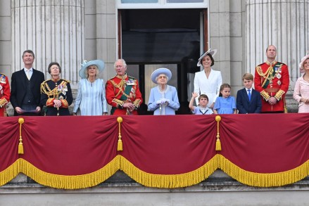 Timothy Laurence, Princess Anne, Camilla Duchess of Cornwall, Prince Charles, Queen Elizabeth II, Prince Louis, Catherine Duchess of Cambridge, Princess Charlotte, Prince George and Prince William
Trooping The Colour - The Queen's Birthday Parade, London, UK - 02 Jun 2022
The Queen, attends celebration marking her official birthday, during which she inspects troops from the Household Division as they march in Whitehall, before watching a fly-past from the balcony at Buckingham Palace. This year's event also marks The Queen's Platinum Jubilee and kicks off an extended bank holiday to celebrate the milestone.