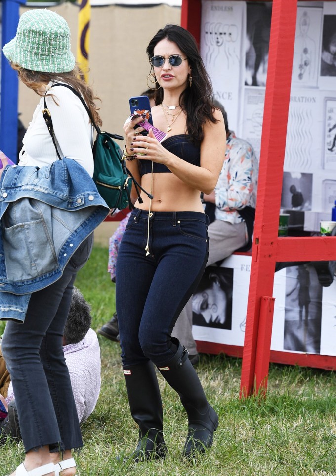 Lily James Rocks Black Crop Top & Matching Leggings At Glastonbury