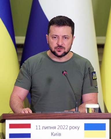 NO USE RUSSIA. NO USE BELARUS.Mandatory Credit: Photo by Pavlo Bahmut/Ukrinform/NurPhoto/Shutterstock (13026564a)KYIV, UKRAINE - JULY 11, 2022 - President of Ukriane Volodymyr Zelenskyy is pictured during a joint briefing with the  Prime Minister of the Kingdom of the Netherlands Mark Rutte in Kyiv, capital of Ukraine. This photo cannot be distributed in the russian federation.NO USE RUSSIA. NO USE BELARUS.Joint briefing of Volodymyr Zelenskyy and Mark Rutte, Kyiv, Ukraine - 11 Jul 2022