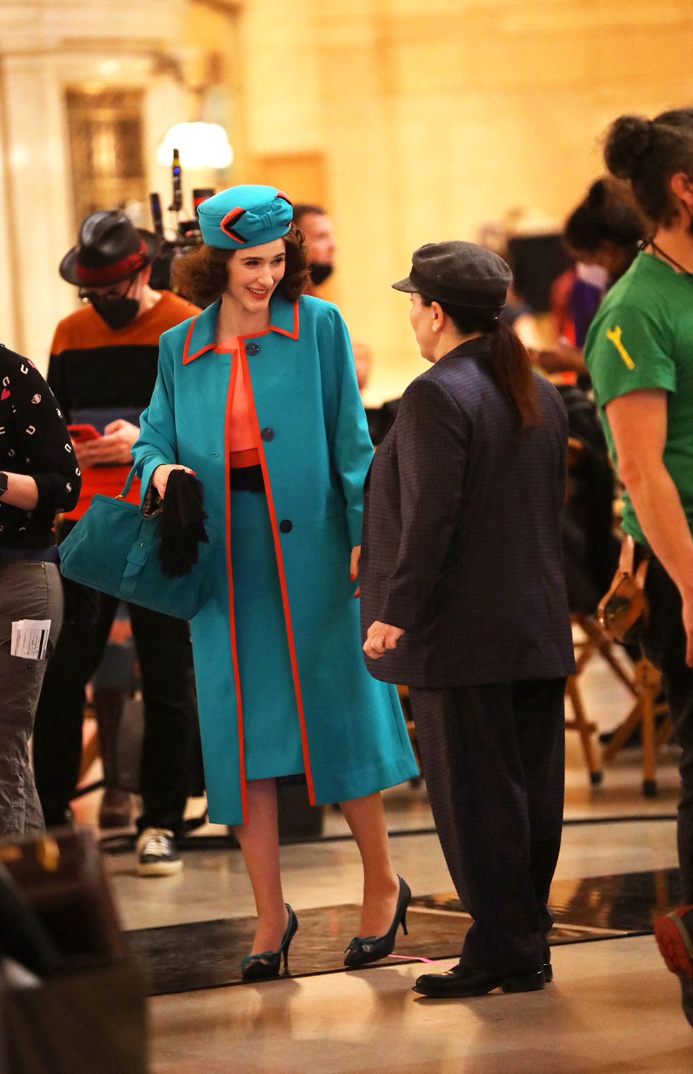 EXCLUSIVE: Rachel Brosnahan and Alex Borstein seen filming scenes for their hit Amazon TV series The Marvelous Mrs. Maisel inside Grand Central Station.