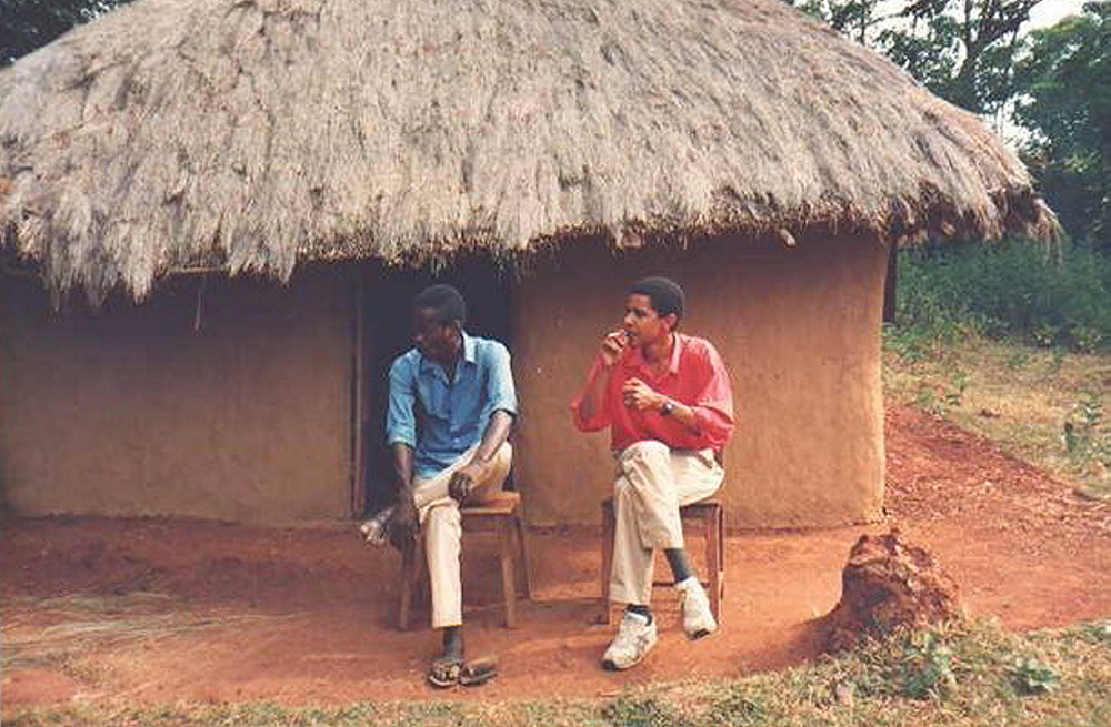 Undated collect photo of Barack Obama smoking in front his family's hut in Kenya, Africa