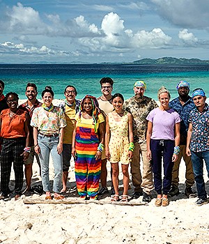 Cast from SURVIVOR Season 43. Pictured (L-R): Justine Brennan, Jesse Lopez, Noelle Lambert, Dwight Moore, Nneka Ejere, Cody Assenmacher, Elisabeth "Elie" Scott, Owen Knight, Morriah Young, Sami Layadi, Jeanine Zheng, Mike 'Gabler' Gabler, Lindsay Carmine, James Jones, Geo Bustamante, Ryan Medrano, Karla Cruz Godoy and Cassidy Clark. -- Photo: Robert Voets/CBS ©2022 CBS Broadcasting, Inc. All Rights Reserved.