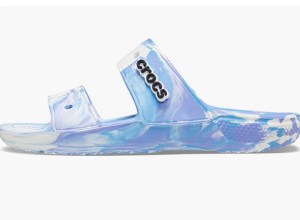 A blue tie-dye croc sandal.