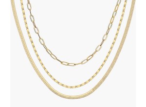 A layered gold necklace.