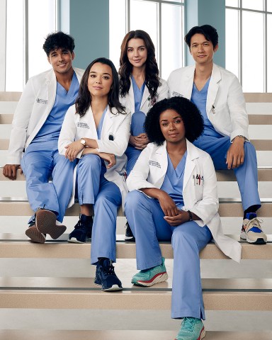 GREY’S ANATOMY - ABC’s “Grey’s Anatomy” stars Nicko Terho as Lucas Adams, Midori Francis as Mika Yasuda, Adelaide Kane as Jules Millin, Alexis Floyd as Simone Griffith and Harry Shum Jr. As Daniel “Blue” Kwan. (ABC/Nino Muñoz)