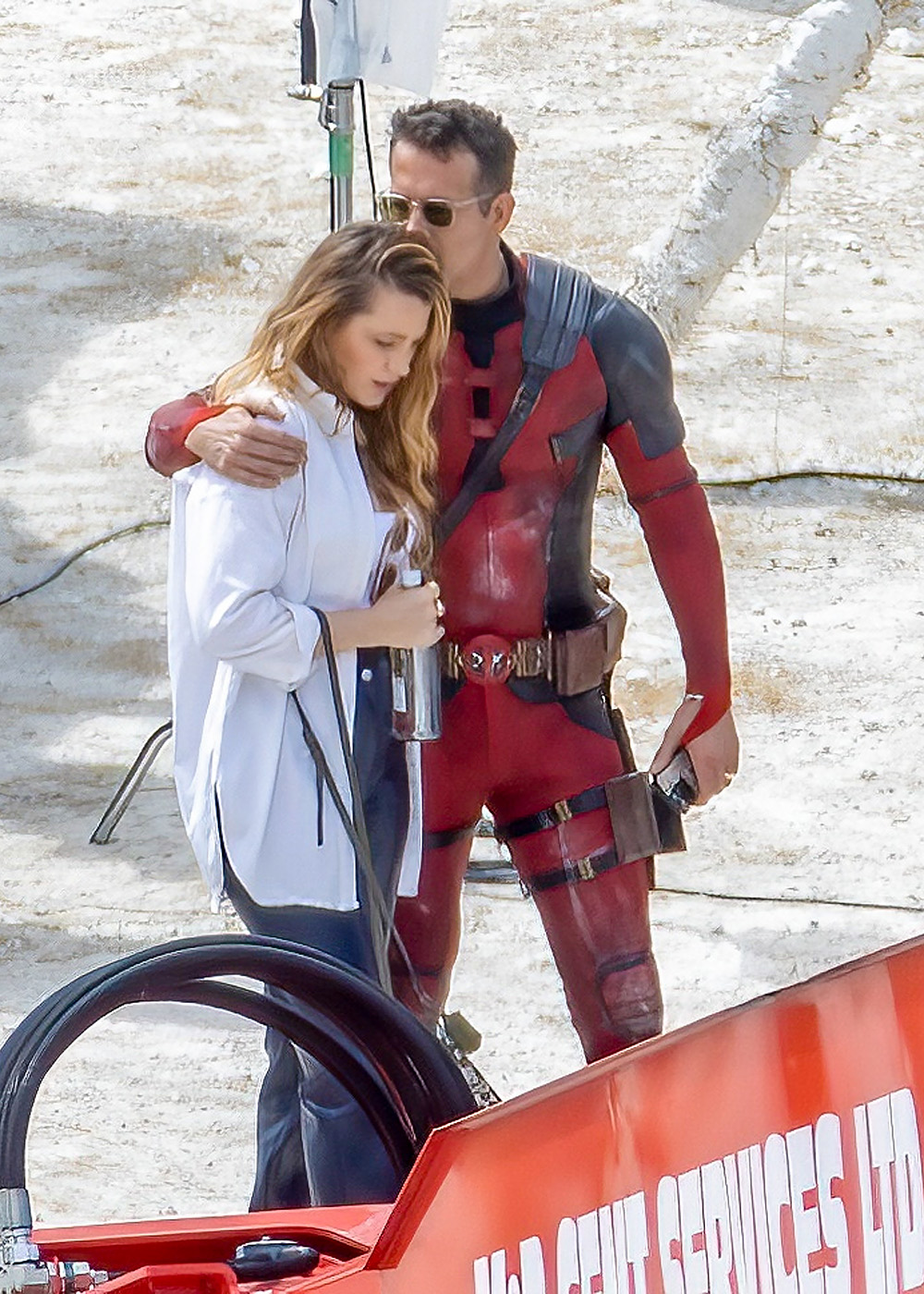 London, UNITED KINGDOM  - *EXCLUSIVE*  - Blake Lively visits the Deadpool 3 set with her sisters Lori and Robyn and their partners as Ryan Reynolds dressed as Deadpool plants a kiss on her head. 
Ryan's daughter was seen with a cute Wolverine toy as she spoke to her dad! Awkward!
They have been filming in London for the new Deadpool film.

Pictured: Ryan Reynolds, Blake Lively, Lori Lively, Robyn Lively

BACKGRID USA 12 JULY 2023 

BYLINE MUST READ: Click News and Media / BACKGRID

USA: +1 310 798 9111 / usasales@backgrid.com

UK: +44 208 344 2007 / uksales@backgrid.com

*UK Clients - Pictures Containing Children
Please Pixelate Face Prior To Publication*